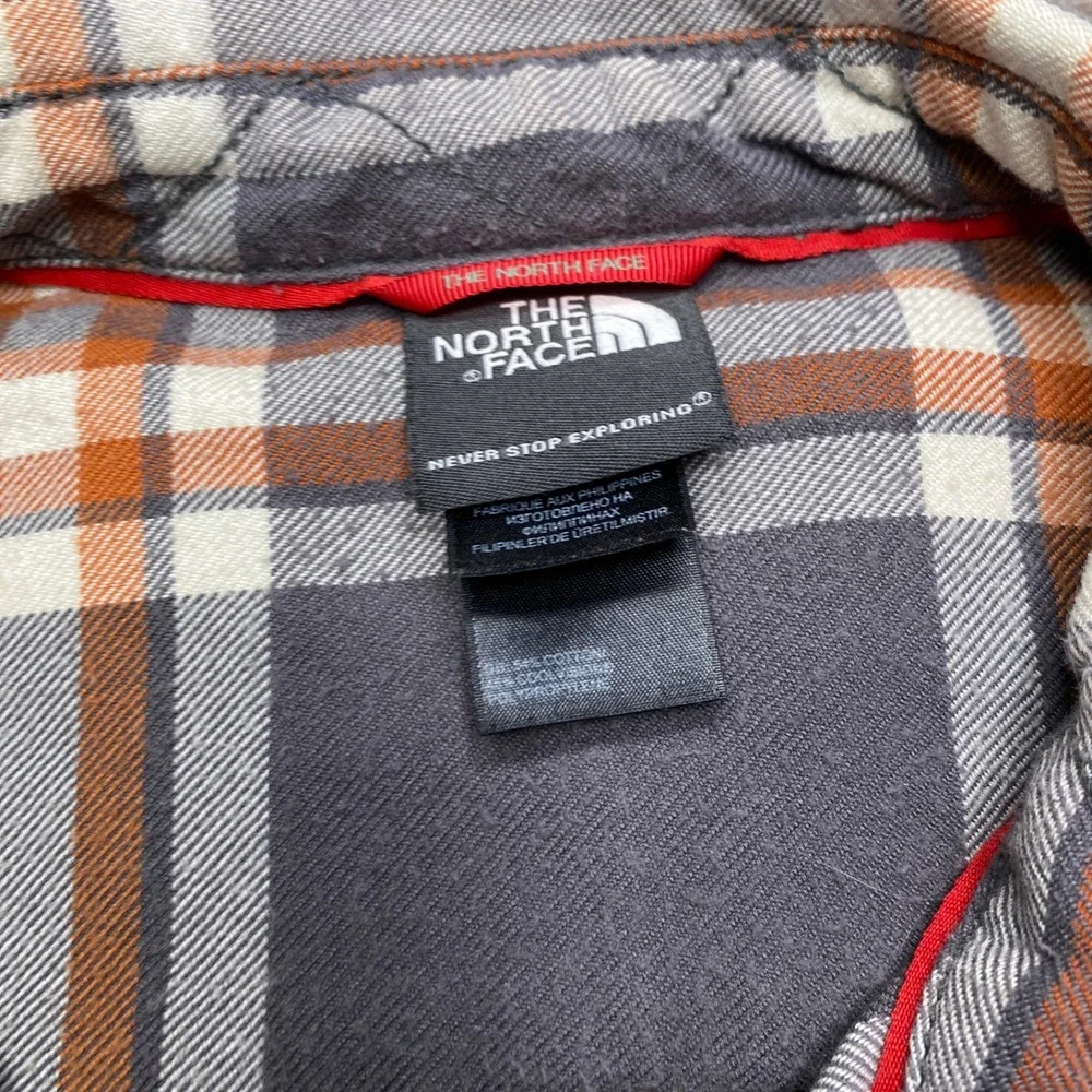 The North Face Button Down Mens L Grey Orange Plaid Flannel Outdoor Shirt
